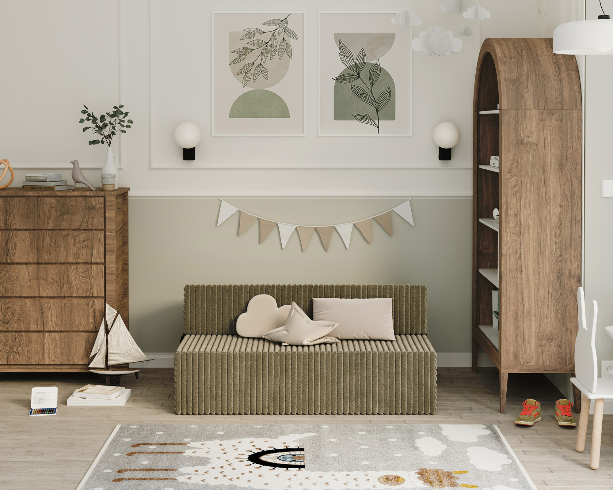 Rozkládací pohovka SUZI OLIVOVĚ ZELENÁ SZTRUKS 120x200 výška 14 cm