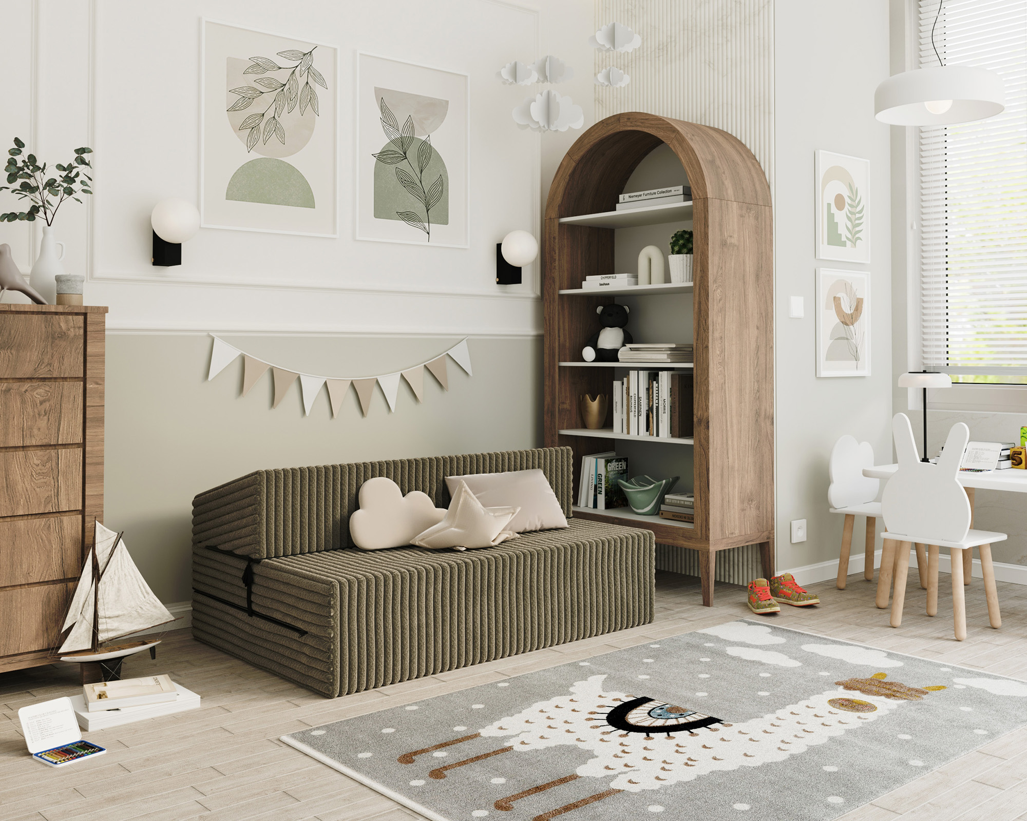 Rozkládací pohovka SUZI OLIVOVĚ ZELENÁ SZTRUKS 120x200 výška 14 cm