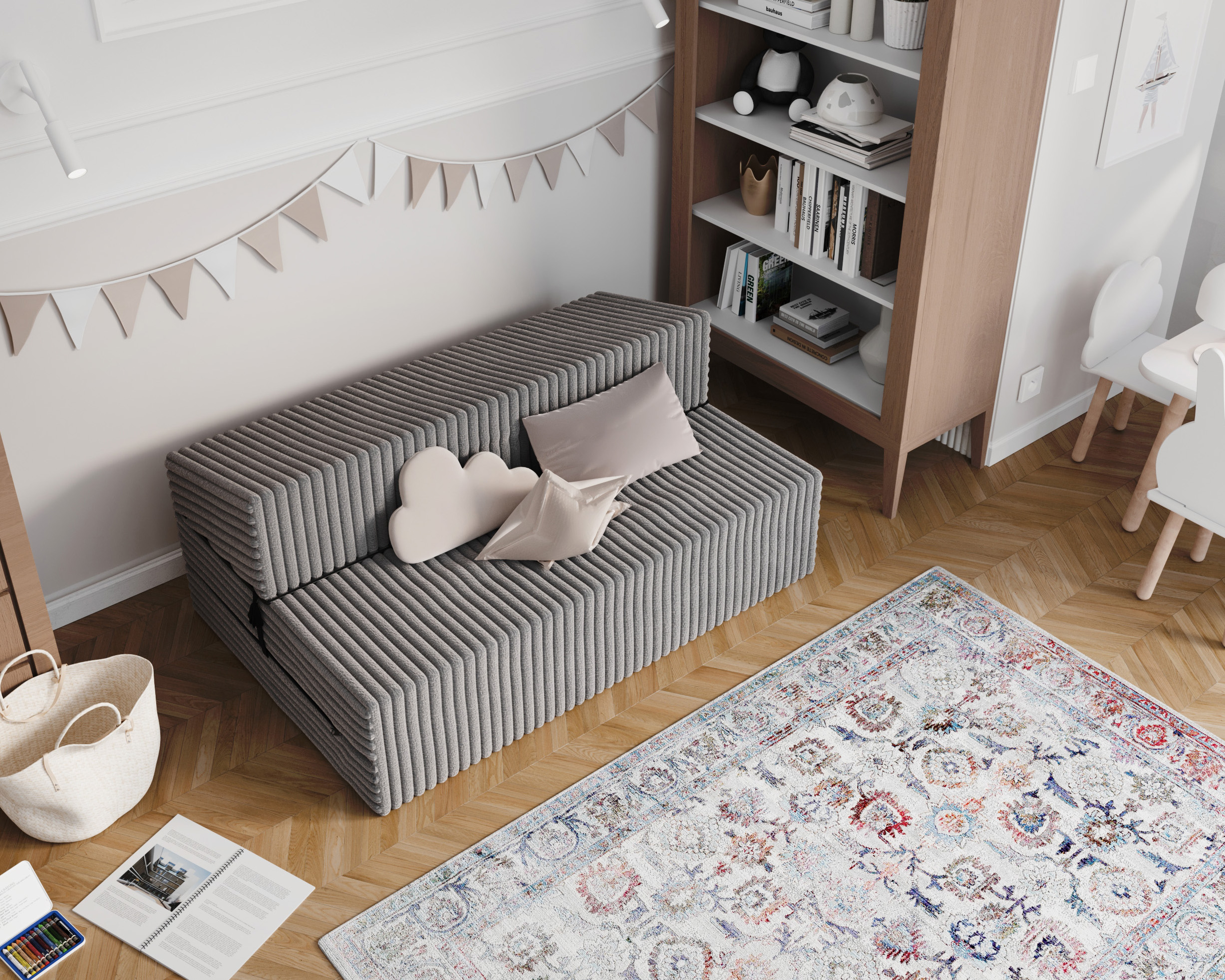 Rozkládací pohovka SUZI TMAVĚ ŠEDÁ SZTRUKS 120x200 výška 14 cm