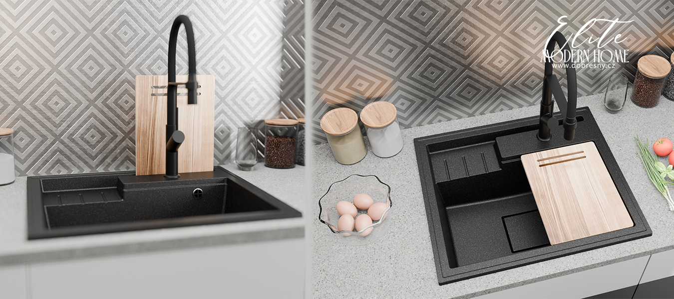 Granitový dřez ELITE 6052 ŠEDÝ + černý sifon 60 x 52 x 21,5cm