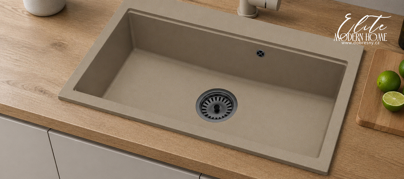 Granitový dřez ELITE 90 BÉŽOVÝ + černý sifon 90 x 50 x 21cm