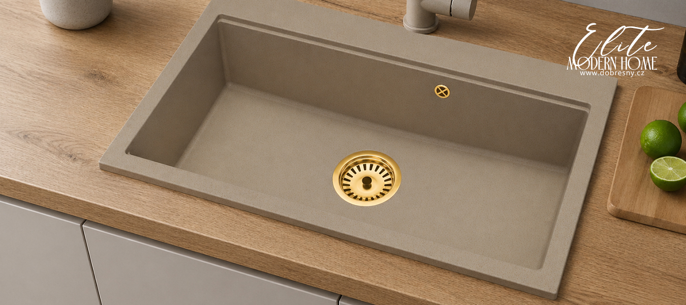 Granitový dřez ELITE 90 BÉŽOVÝ + zlatý sifon 90 x 50 x 21cm