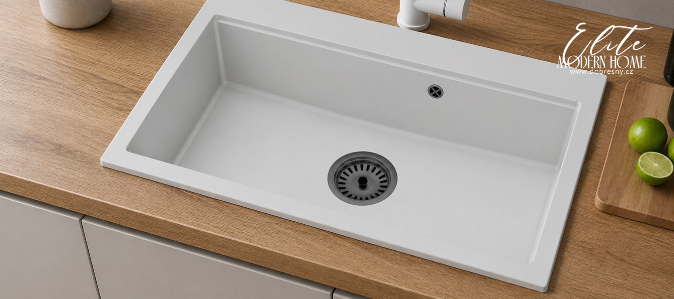 Granitový dřez ELITE 90 BÍLÝ + černý sifon 90 x 50 x 21cm