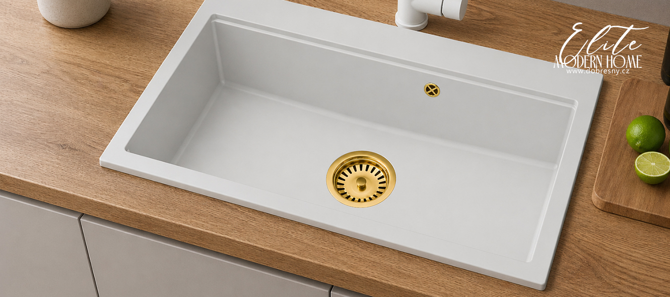 Granitový dřez ELITE 90 BÍLÝ + zlatý sifon 90 x 50 x 21cm