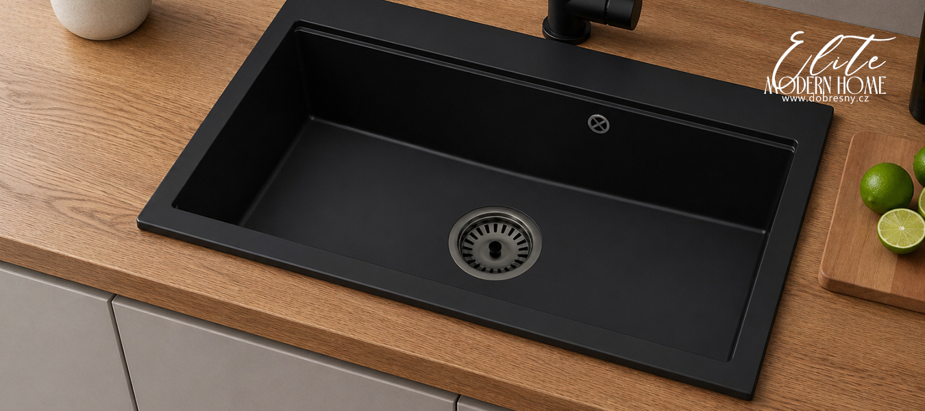 Granitový dřez ELITE 90 ČERNÁ + černý sifon 90 x 50 x 21cm