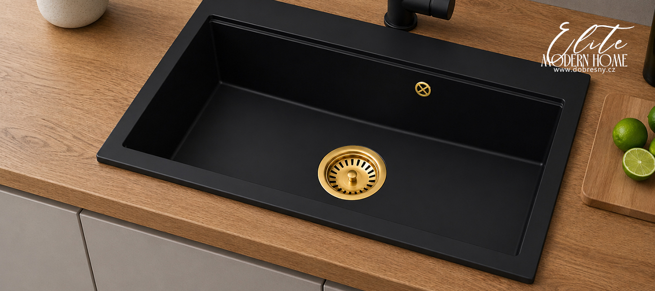 Granitový dřez ELITE 90 ČERNÁ + zlatý sifon 90 x 50 x 21cm