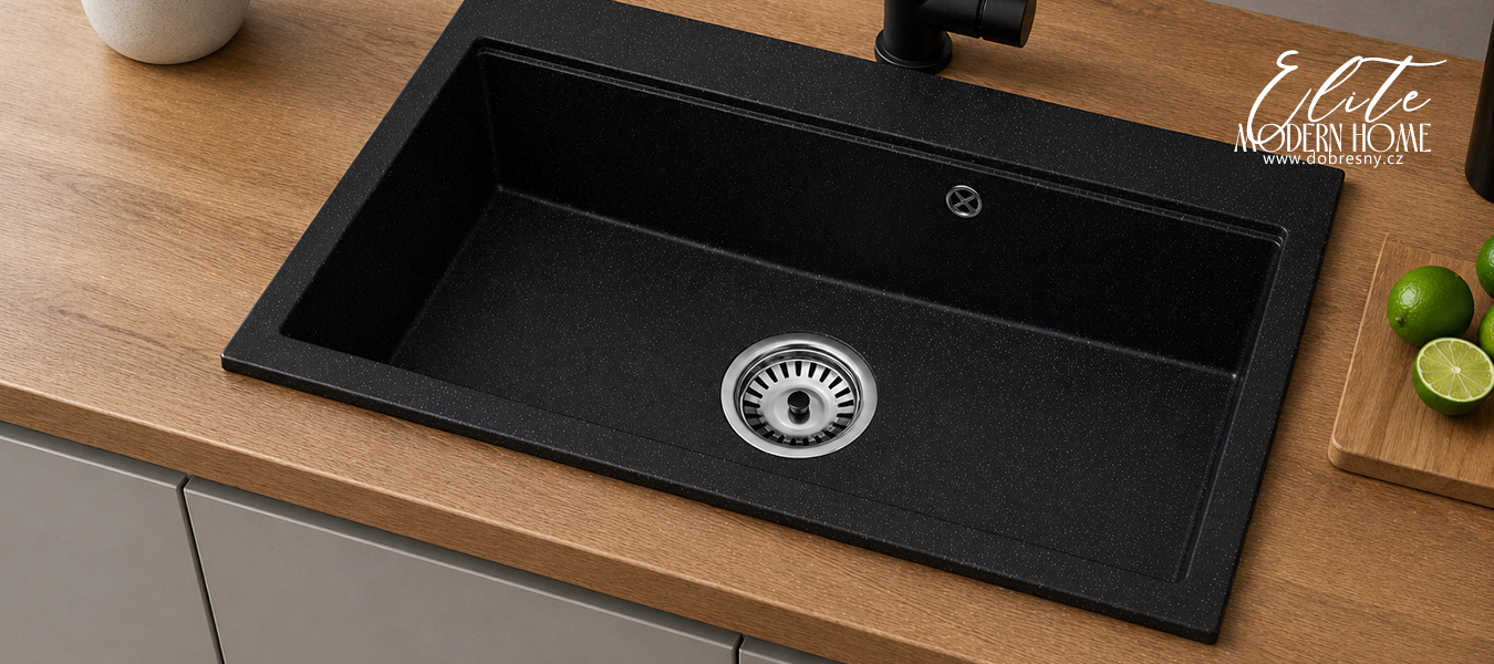 Granitový dřez ELITE 90 ČERNÝ S TEXTUROU ŽULY 90 x 50 x 21cm