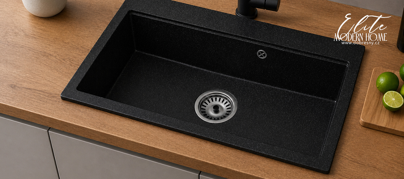 Granitový dřez ELITE 90 ČERNÝ S TEXTUROU ŽULY + černý sifon 90 x 50 x 21cm