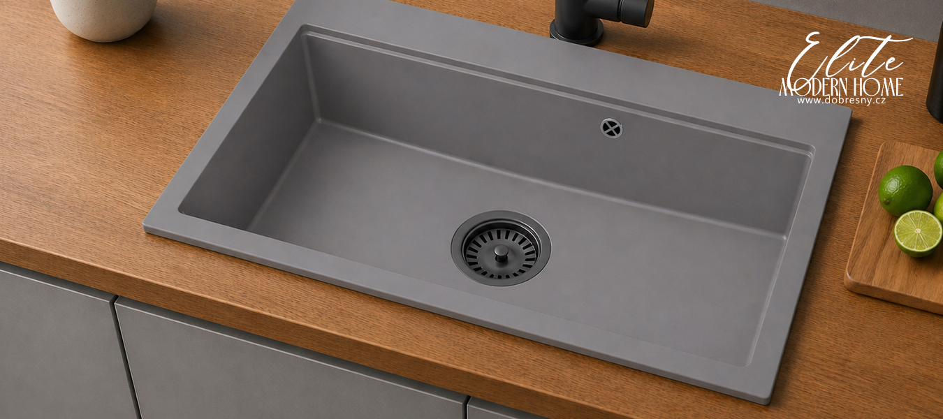Granitový dřez ELITE 90 ŠEDÝ + černý sifon 90 x 50 x 21cm