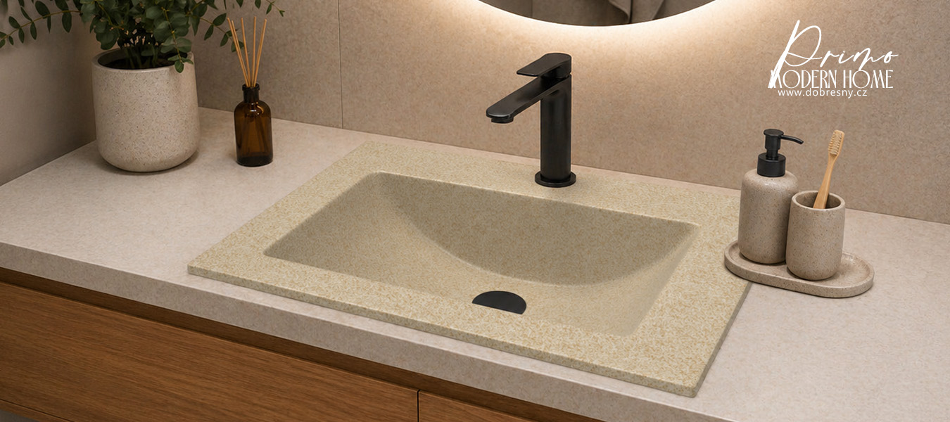 Zápustné granitové umyvadlo PRIMO 61cm, BÉŽOVÁ + černá výpusť