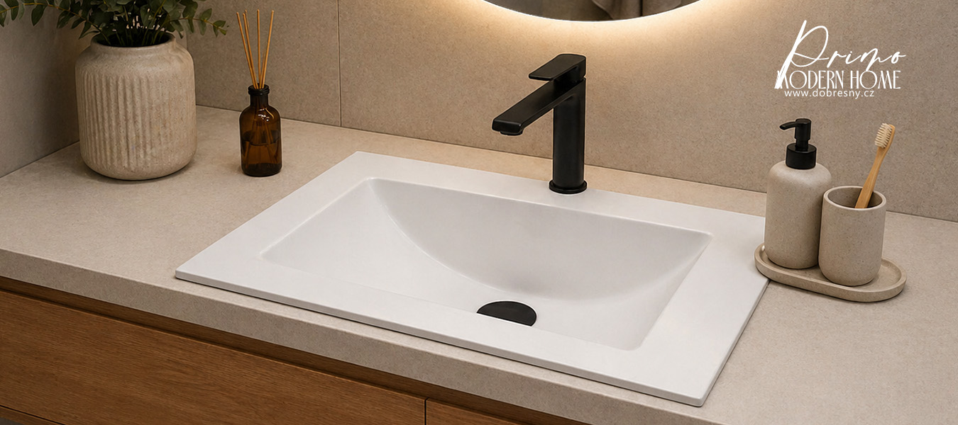Zápustné granitové umyvadlo PRIMO 61cm, BÍLÁ + černá výpusť