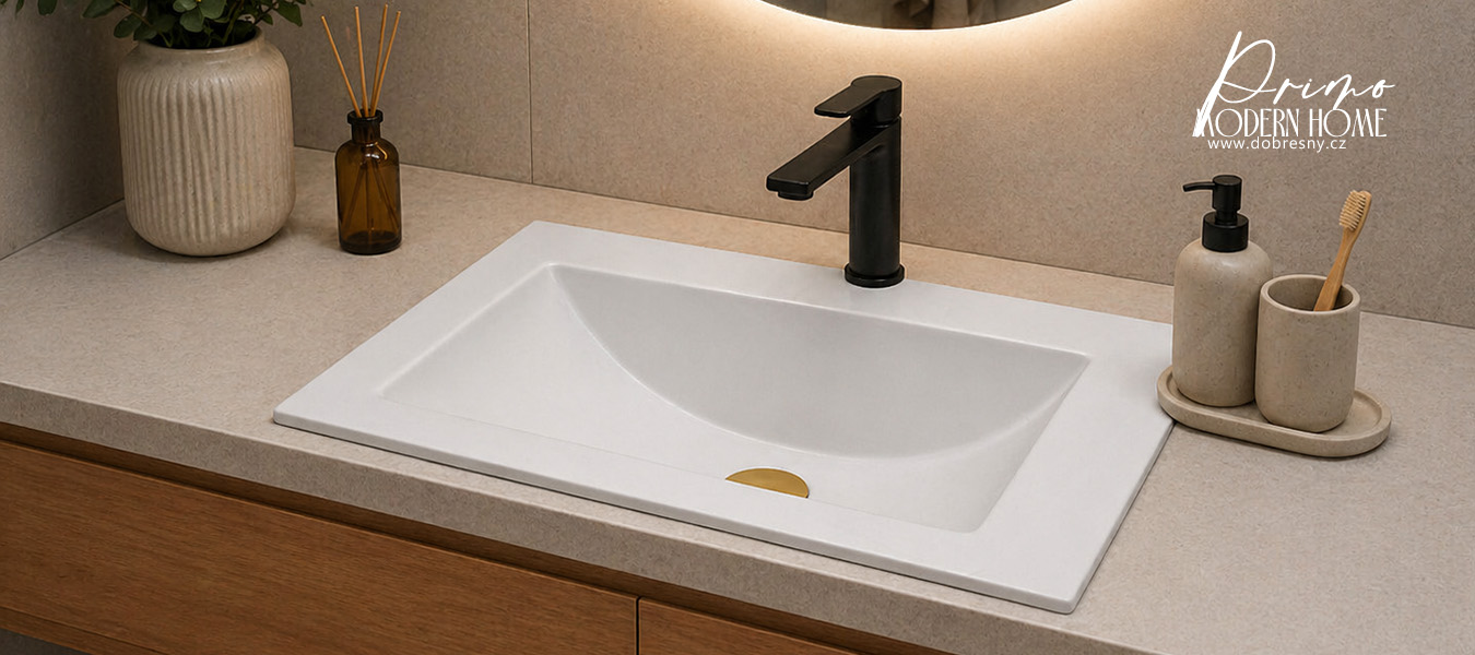 Zápustné granitové umyvadlo PRIMO 61cm, BÍLÁ + zlatá výpusť