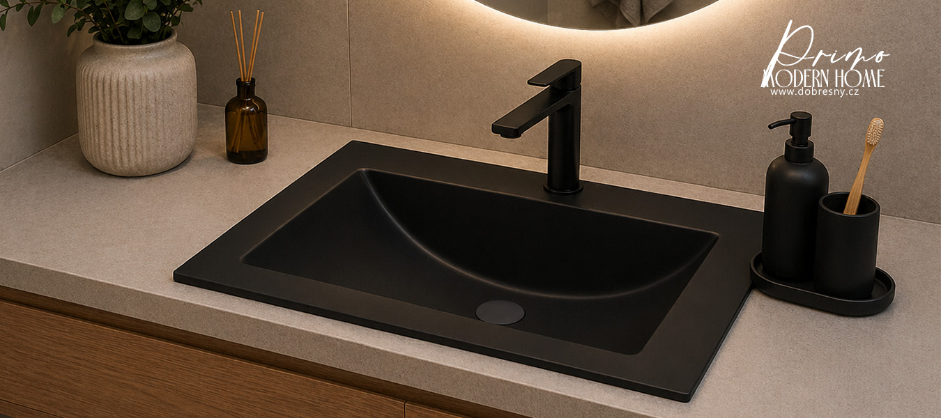Zápustné granitové umyvadlo PRIMO 61cm, ČERNÁ + černá výpusť