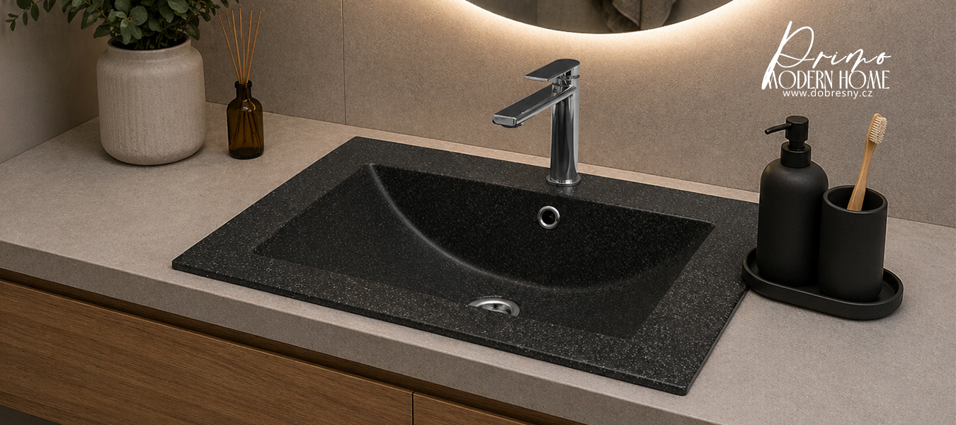 Zápustné granitové umyvadlo PRIMO 61cm, ČERNÁ S TEXTUROU ŽULY