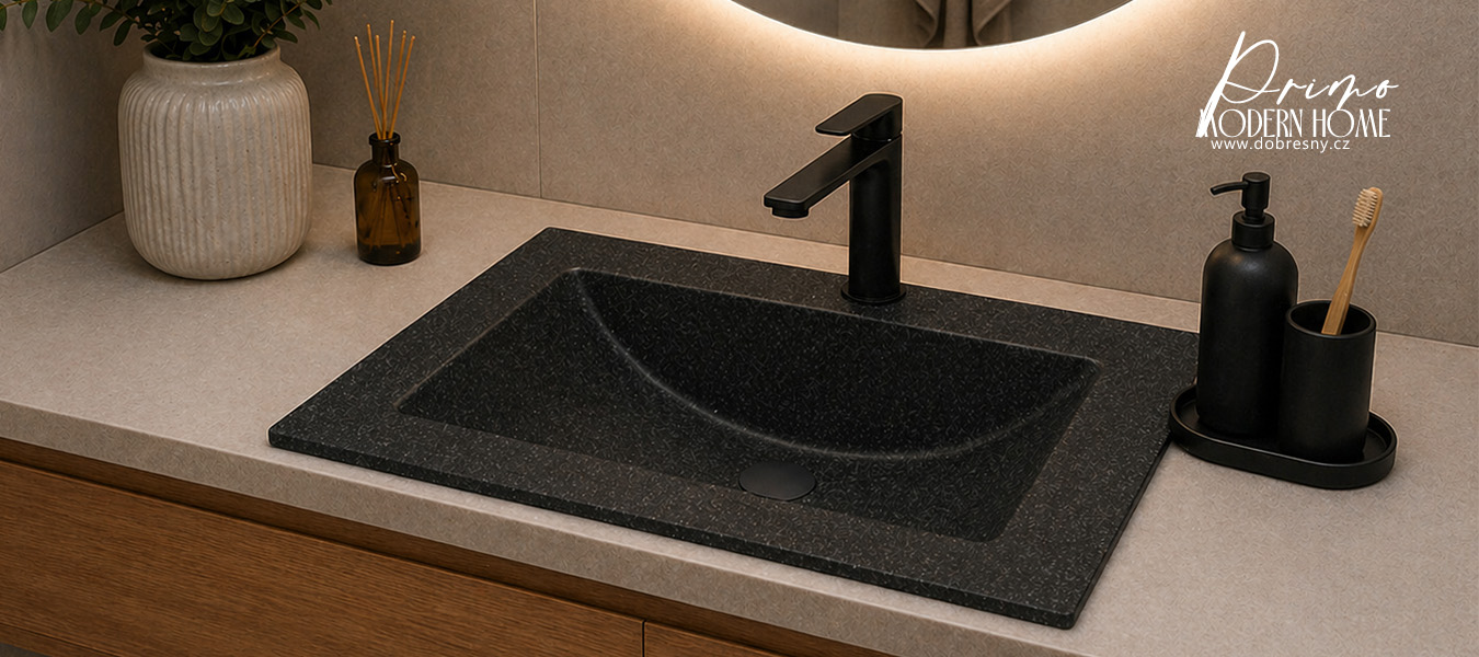 Zápustné granitové umyvadlo PRIMO 61cm, ČERNÁ S TEXTUROU ŽULY + černá výpusť