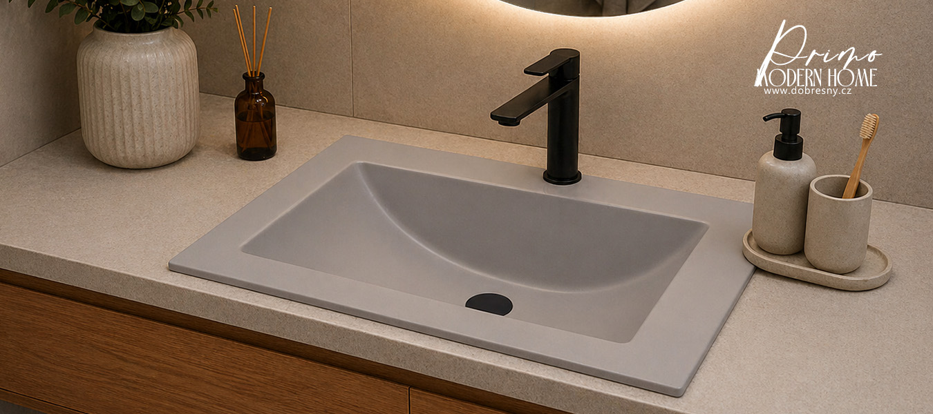 Zápustné granitové umyvadlo PRIMO 61cm, ŠEDÁ + černá výpusť