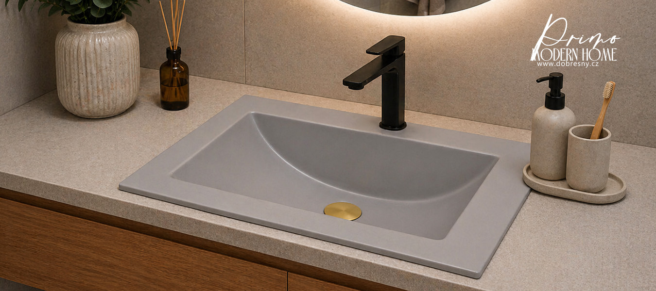 Zápustné granitové umyvadlo PRIMO 61cm, ŠEDÁ + zlatá výpusť