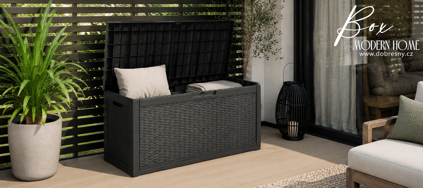 Zahradní úložný box na polstry a nářadí 340 l, černý, voděodolný, 119×58×52 cm
