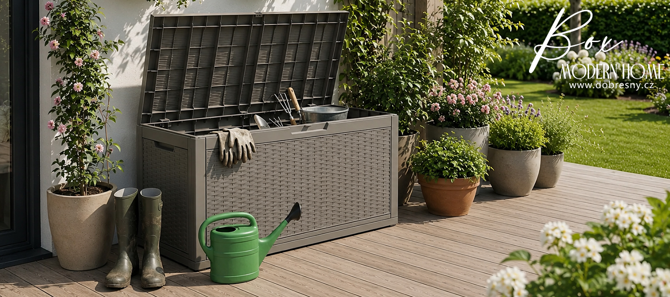 Zahradní úložný box na polstry a nářadí 340 l, šedý, voděodolný, 119×58×52 cm