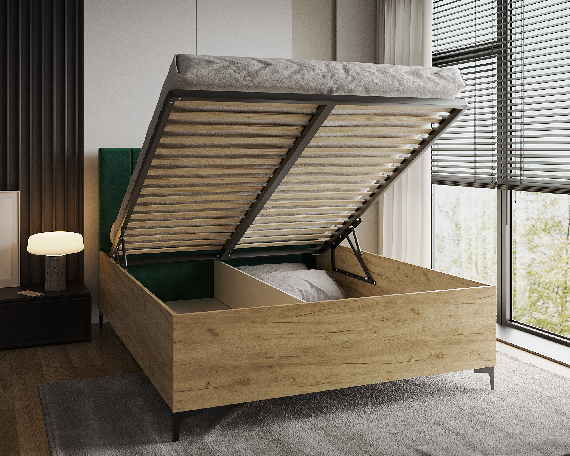 Postel SIERRA 90×200 s kovovým zdvižným roštem TRINITY Dub Craft - Zelená