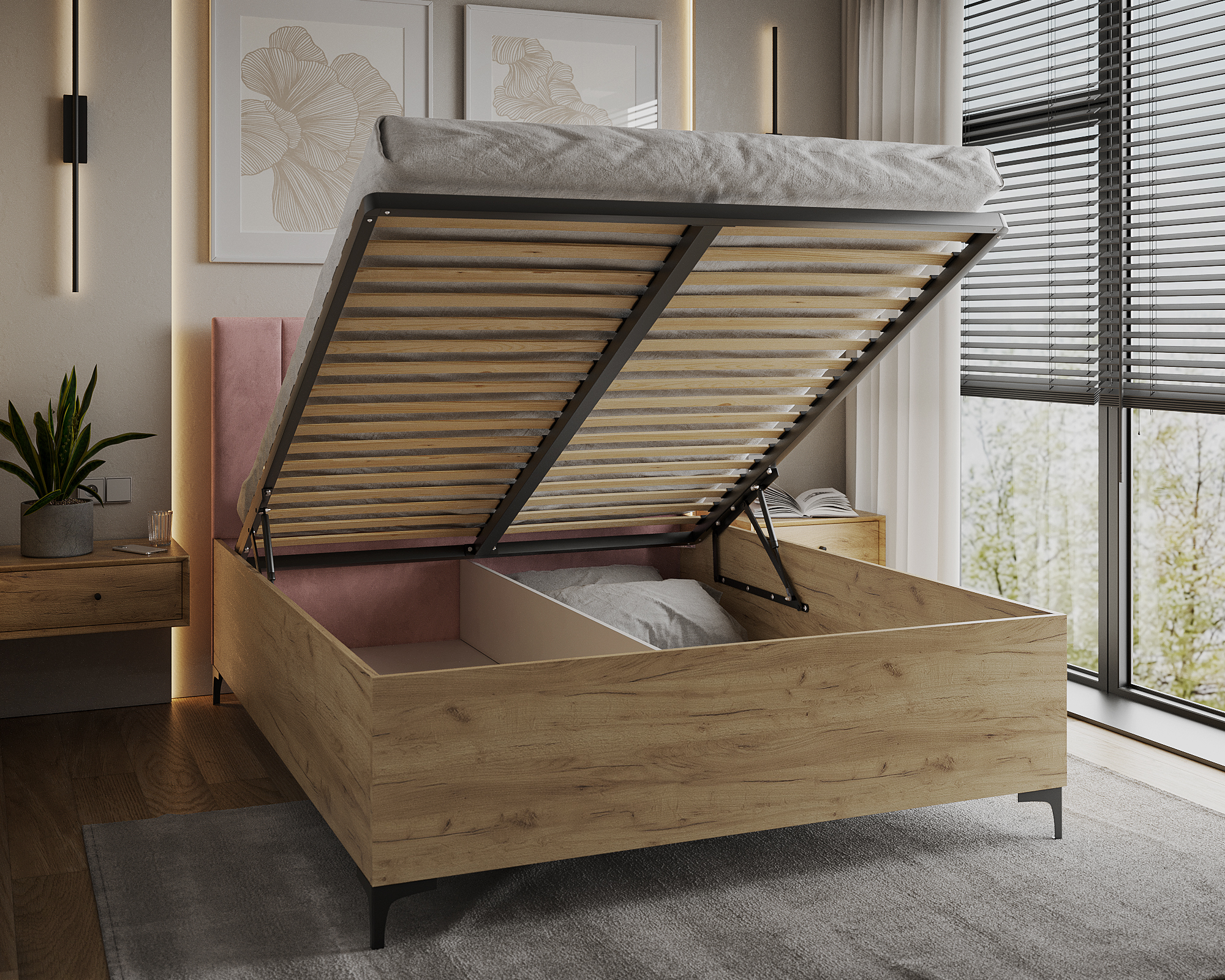 Postel SIERRA 120×200 s kovovým zdvižným roštem TRINITY Dub Craft - Růžová