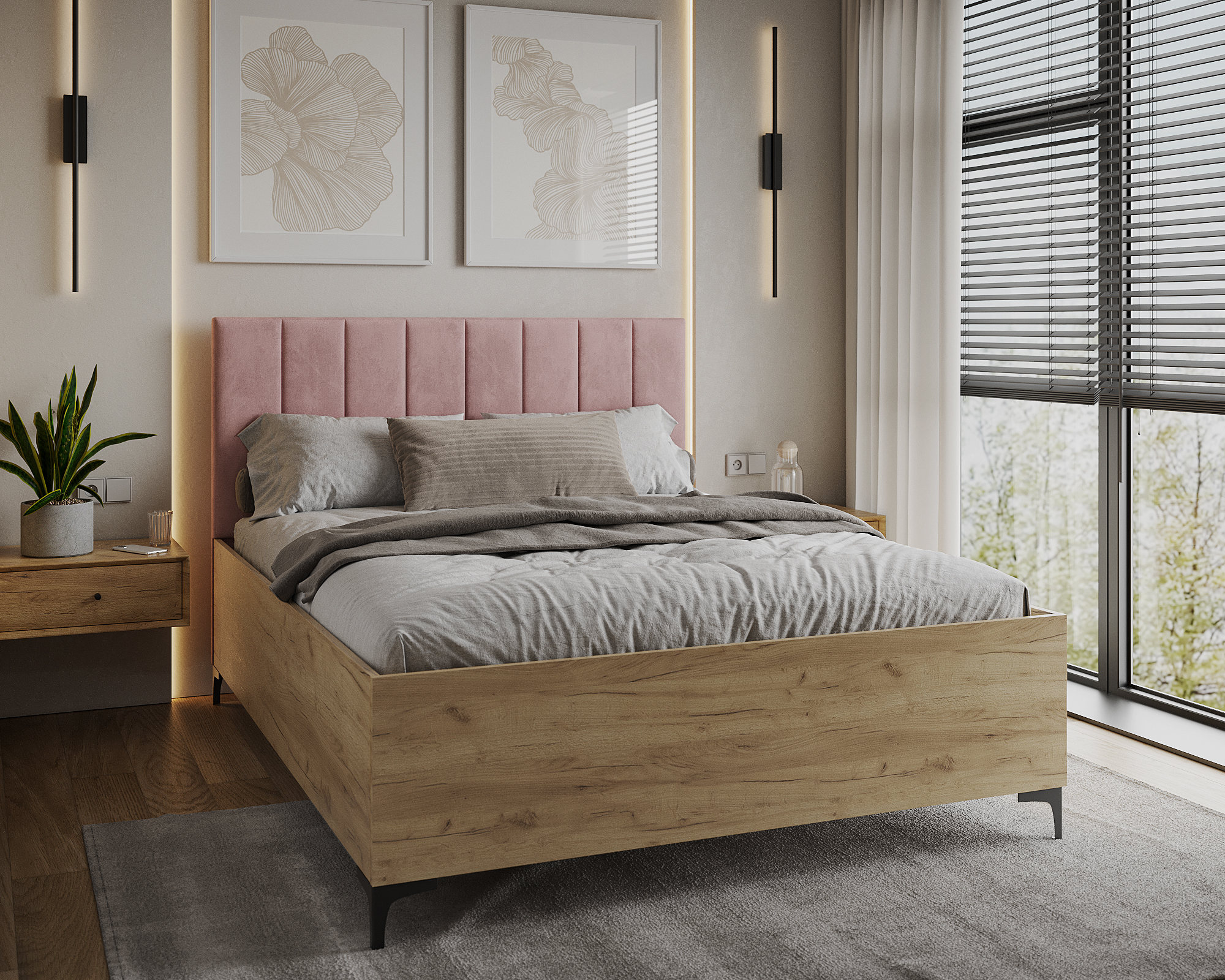 Postel SIERRA 120×200 s kovovým zdvižným roštem TRINITY Dub Craft - Růžová
