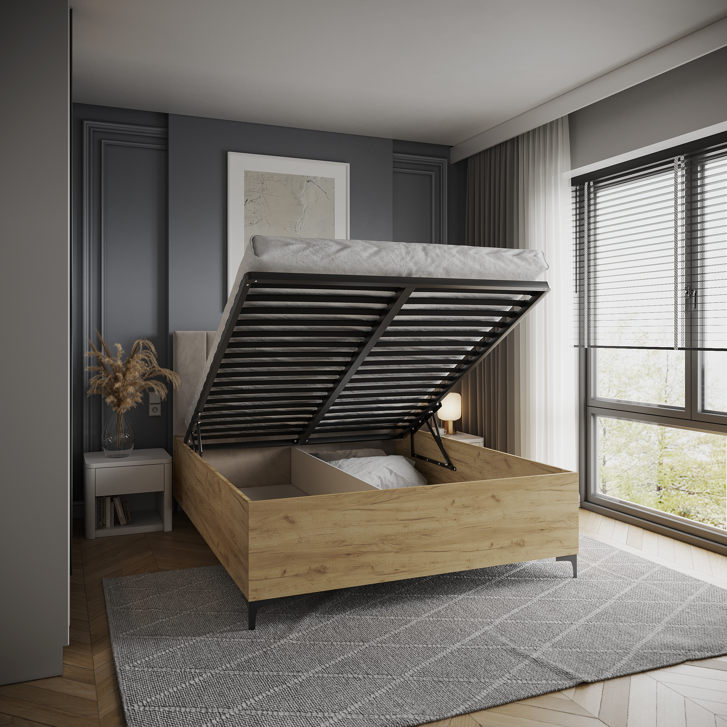 Postel SIERRA 120×200 s kovovým zdvižným roštem TRINITY Dub Craft - Krémová