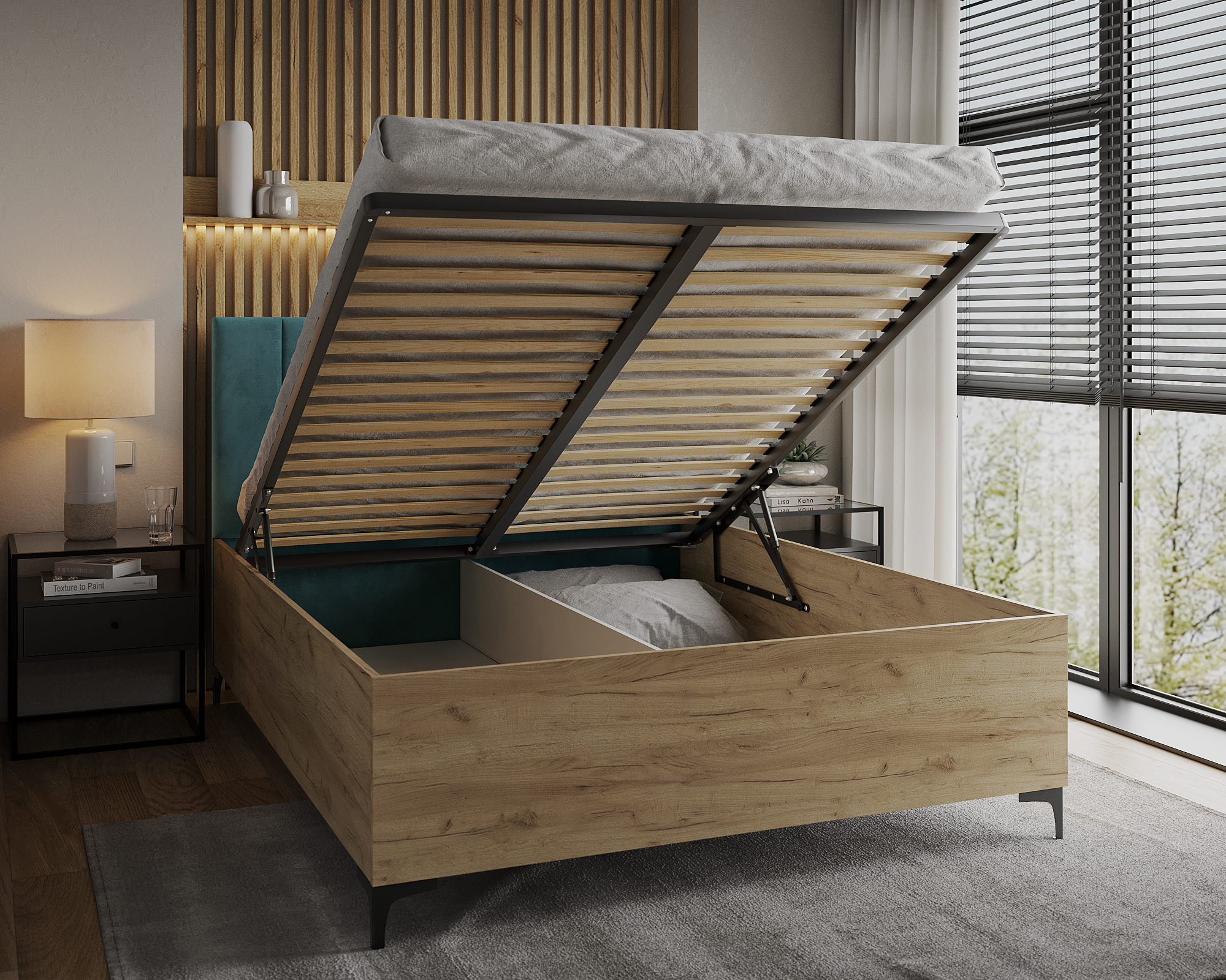 Postel SIERRA 120×200 s kovovým zdvižným roštem TRINITY Dub Craft - Tyrkysová