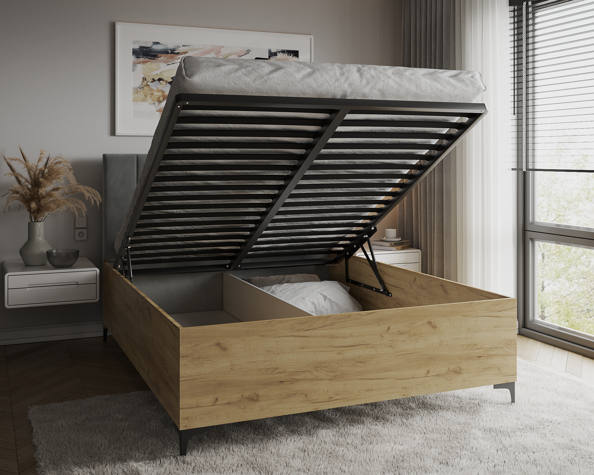 Postel SIERRA 140×200 s kovovým zdvižným roštem TRINITY Dub Craft - Šedá