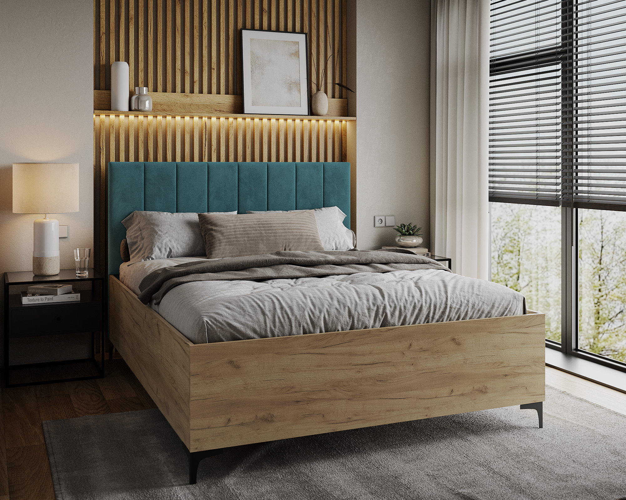 Postel SIERRA 140×200 s kovovým zdvižným roštem TRINITY Dub Craft - Tyrkysová