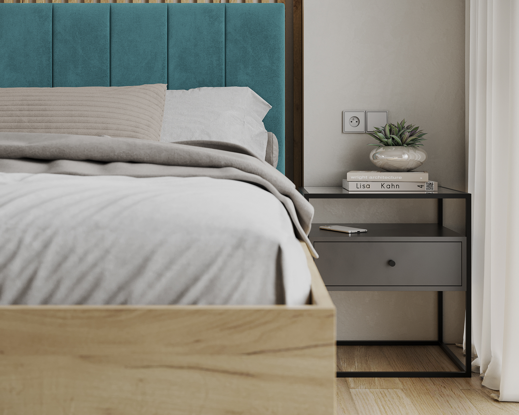 Postel SIERRA 140×200 s kovovým zdvižným roštem TRINITY Dub Craft - Tyrkysová