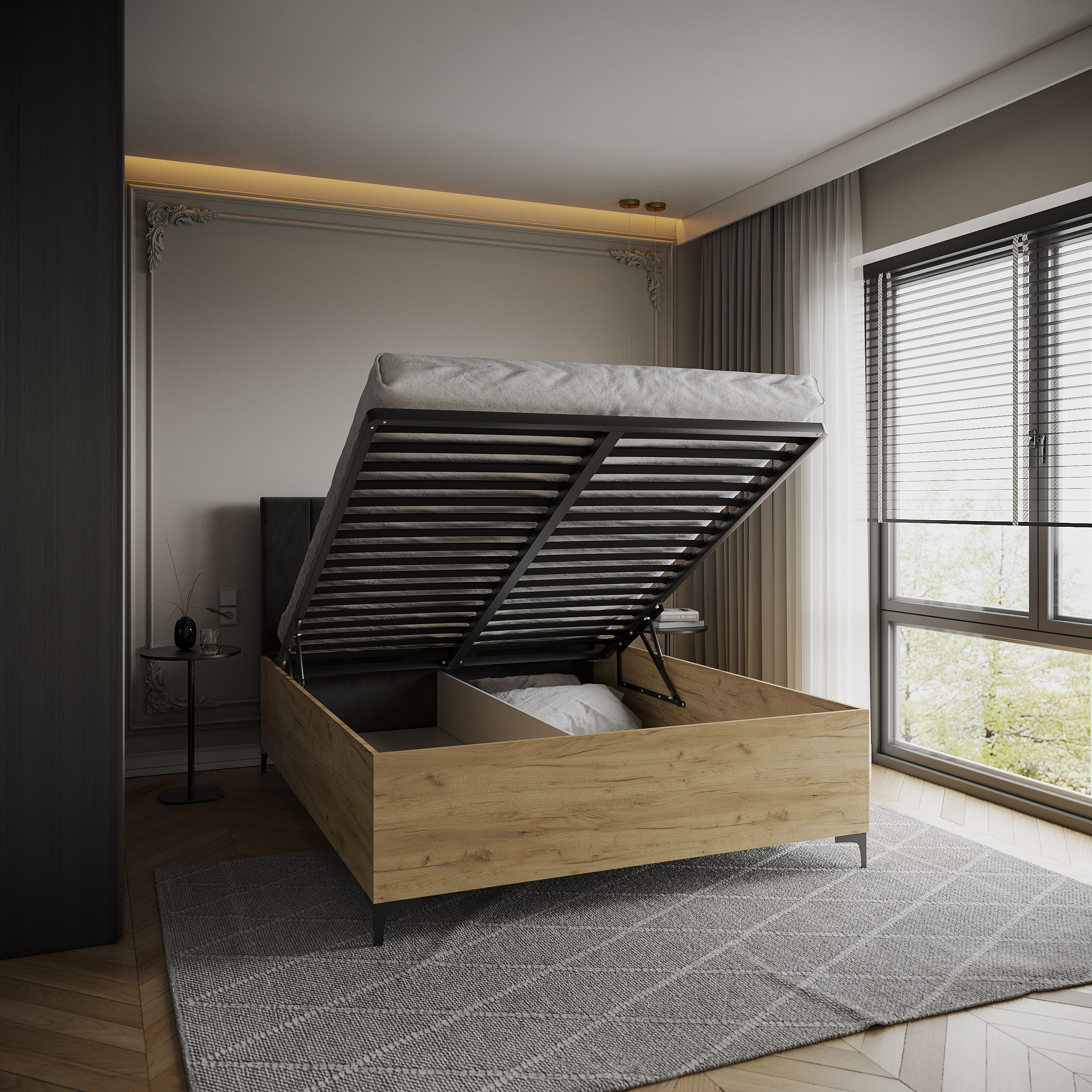 Postel SIERRA 140×200 s kovovým zdvižným roštem TRINITY Dub Craft - Černá