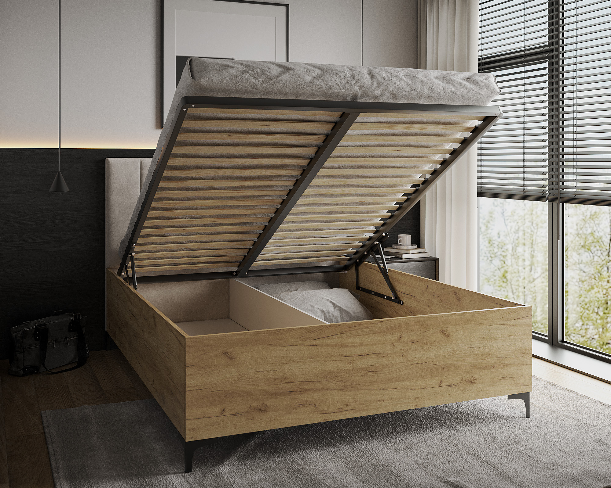 Postel SIERRA 160×200 s kovovým zdvižným roštem TRINITY Dub Craft - Bílá