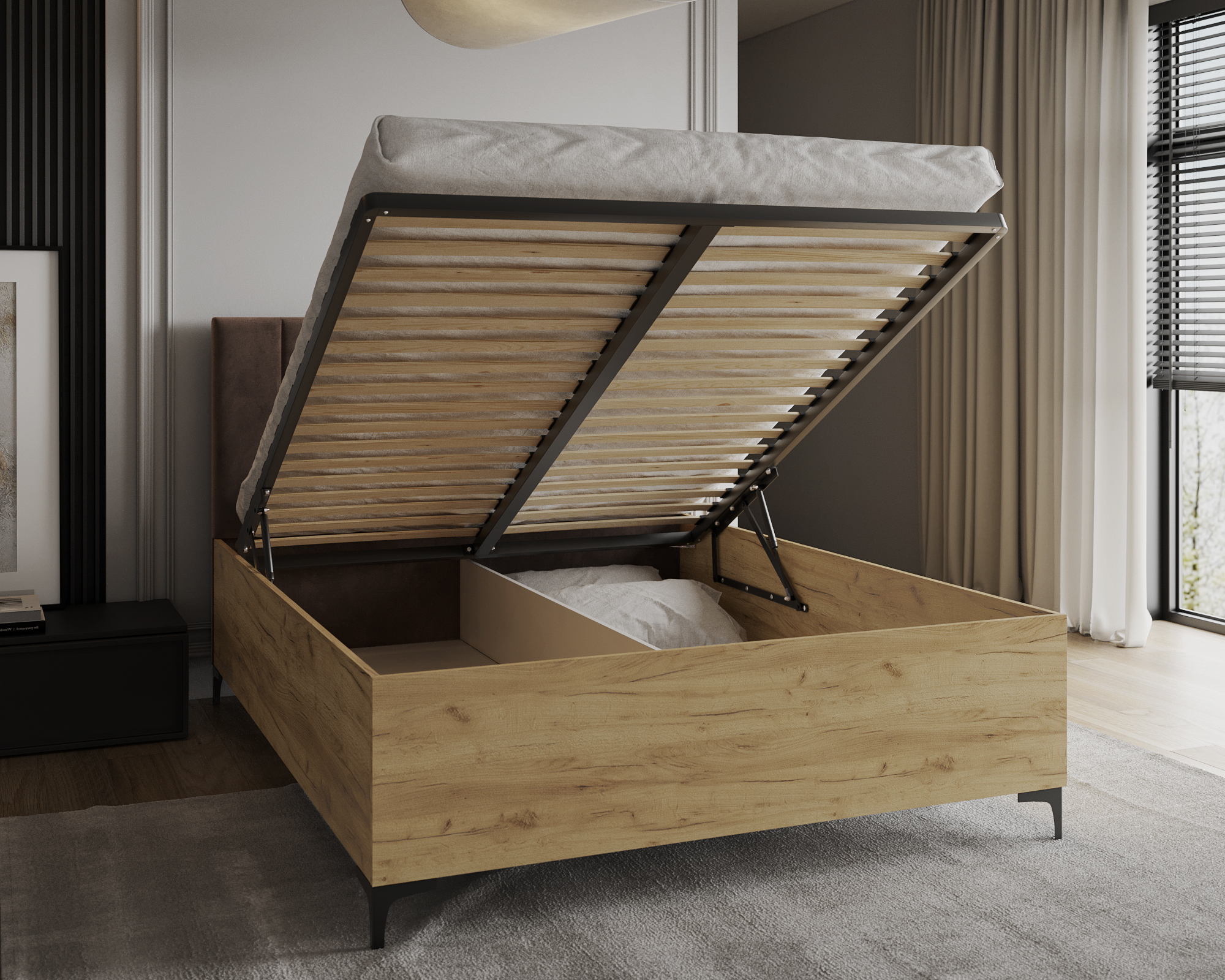 Postel SIERRA 160×200 s kovovým zdvižným roštem TRINITY Dub Craft - Hnědá
