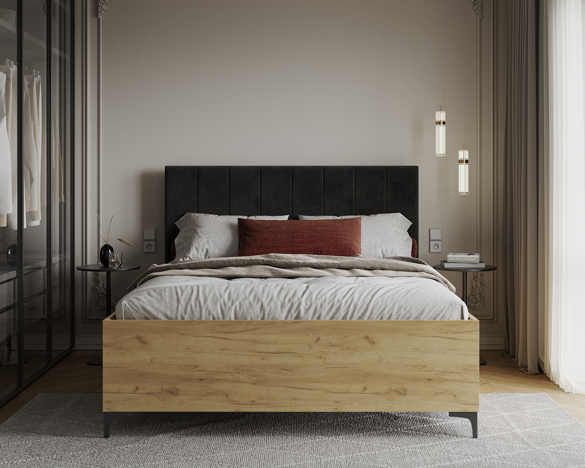 Postel SIERRA 160×200 s kovovým zdvižným roštem TRINITY Dub Craft - Černá