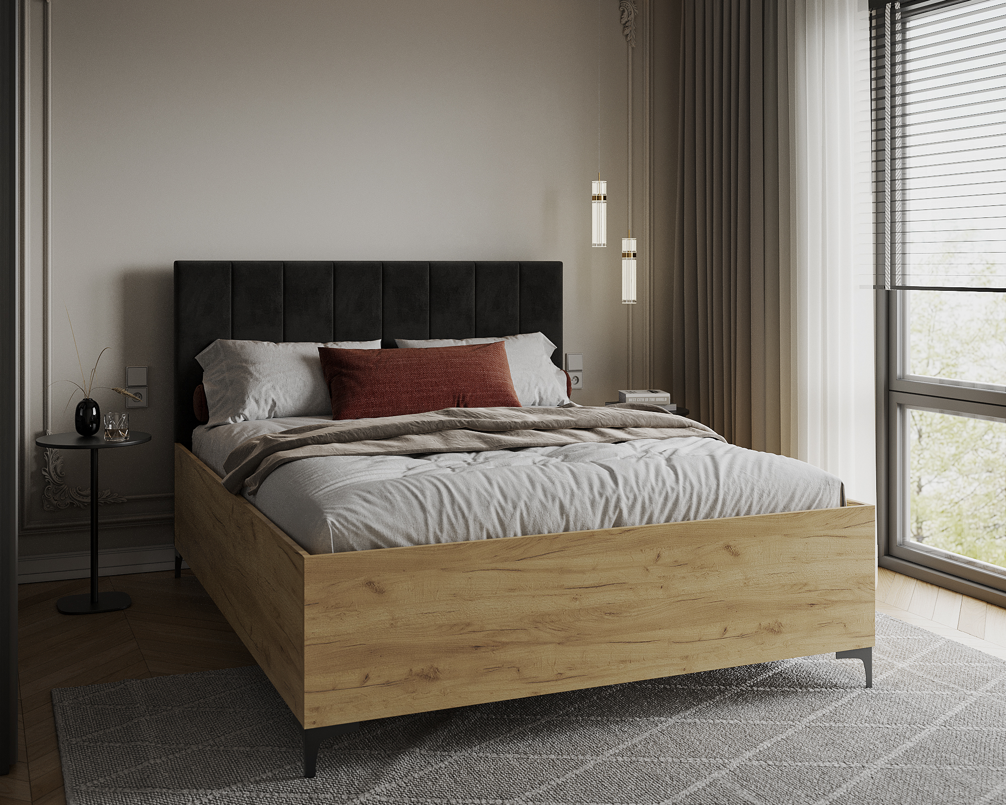 Postel SIERRA 160×200 s kovovým zdvižným roštem TRINITY Dub Craft - Černá