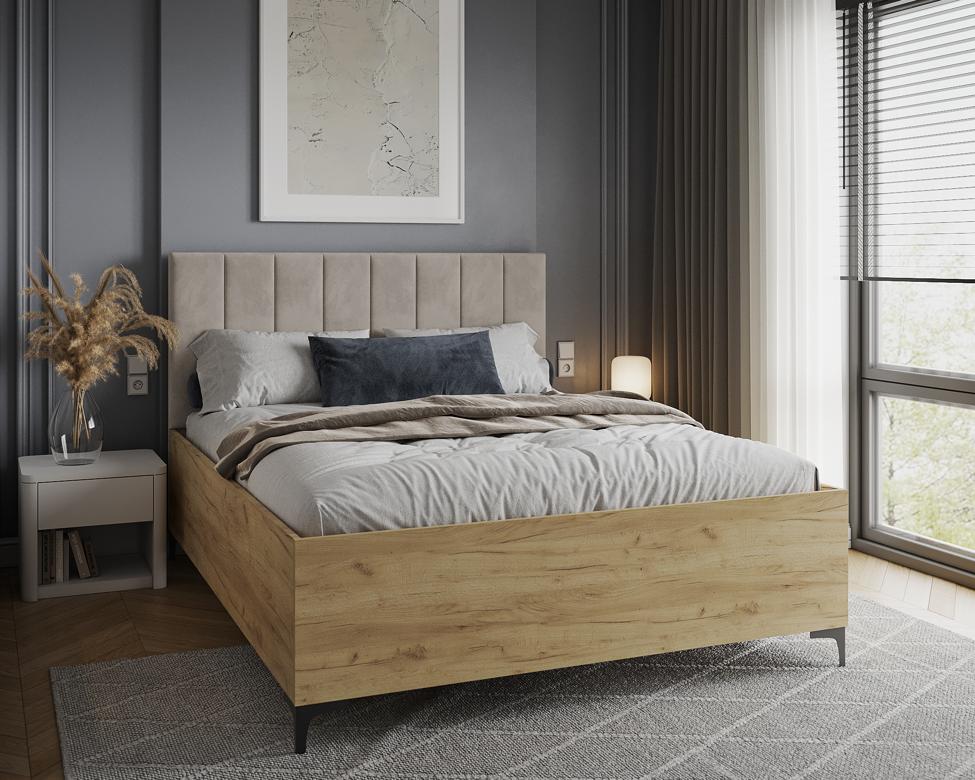 Postel SIERRA 180×200 s kovovým zdvižným roštem TRINITY Dub Craft - Krémová