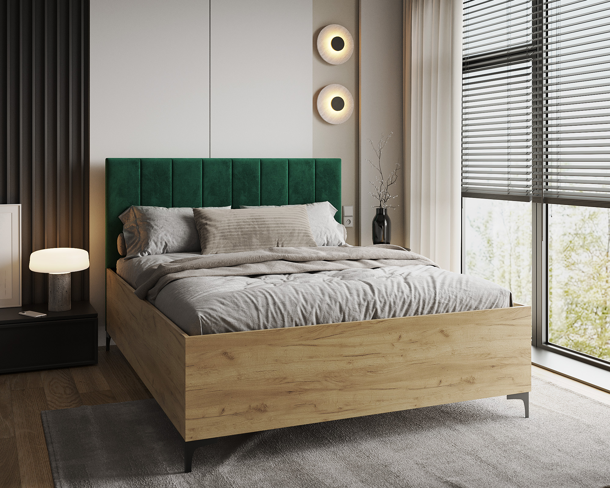 Postel SIERRA 180×200 s kovovým zdvižným roštem TRINITY Dub Craft - Zelená
