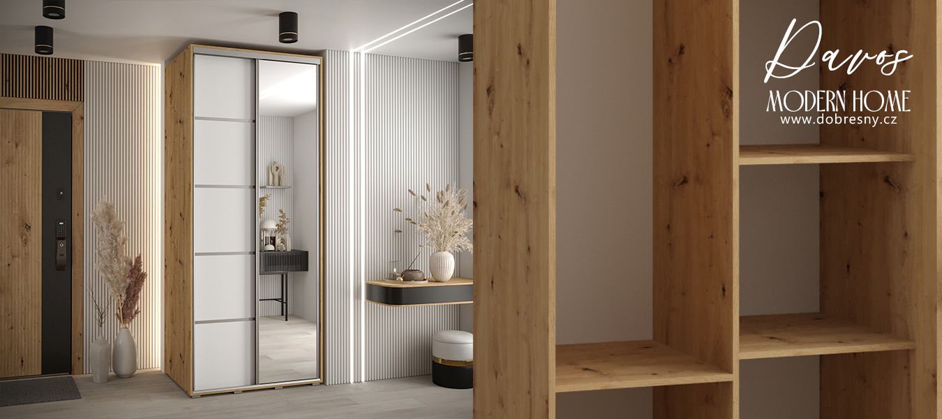 Šatní skříň DAVOS 5 posuvné dvěře a zrcadlo, 100×235×45, DUB Artisan / bílá / stříbrné