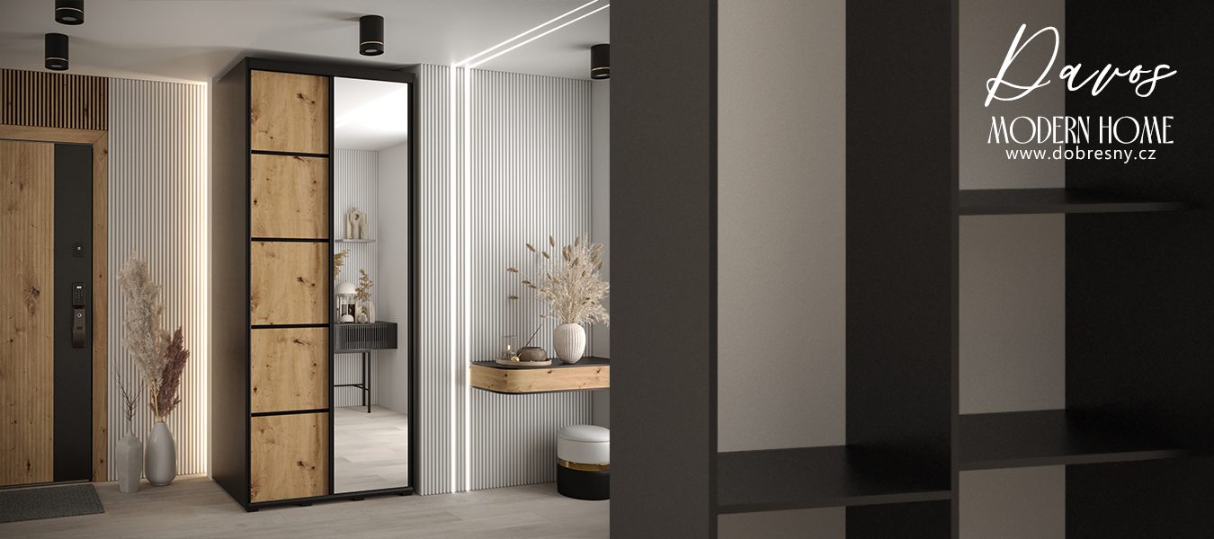 Šatní skříň DAVOS 5 posuvné dvěře a zrcadlo, 100×235×45, Černá / DUB Artisan / černé