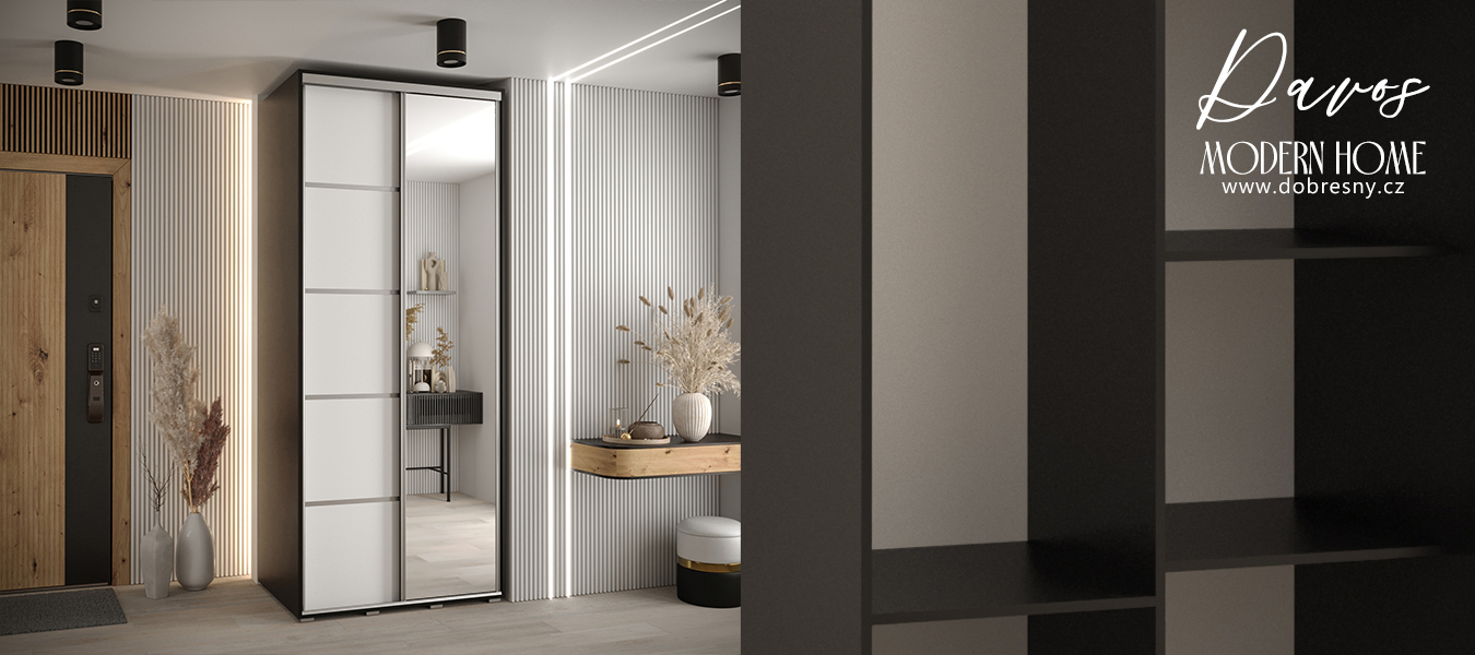 Šatní skříň DAVOS 5 posuvné dvěře a zrcadlo, 100×235×45, Černá / bílá / stříbrné pojezdy