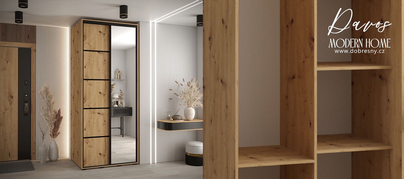 Šatní skříň DAVOS 5 posuvné dvěře a zrcadlo, 120×235×45, DUB Artisan / černé pojezdy