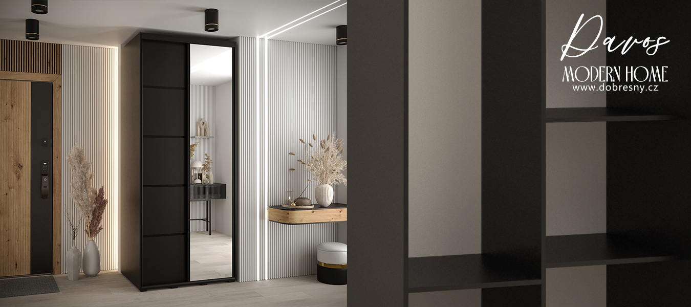 Šatní skříň DAVOS 5 posuvné dvěře a zrcadlo, 120×235×45, Černá / černé pojezdy