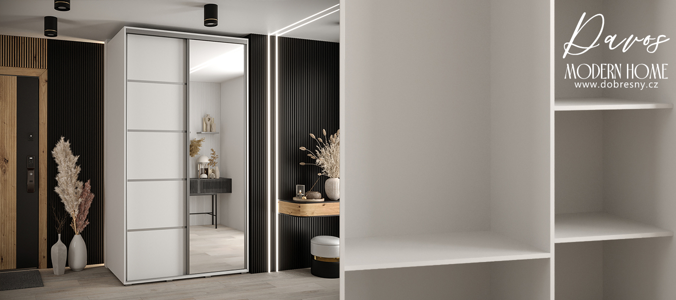 Šatní skříň DAVOS 5 posuvné dvěře a zrcadlo, 140×235×45, Bílá / stříbrné pojezdy