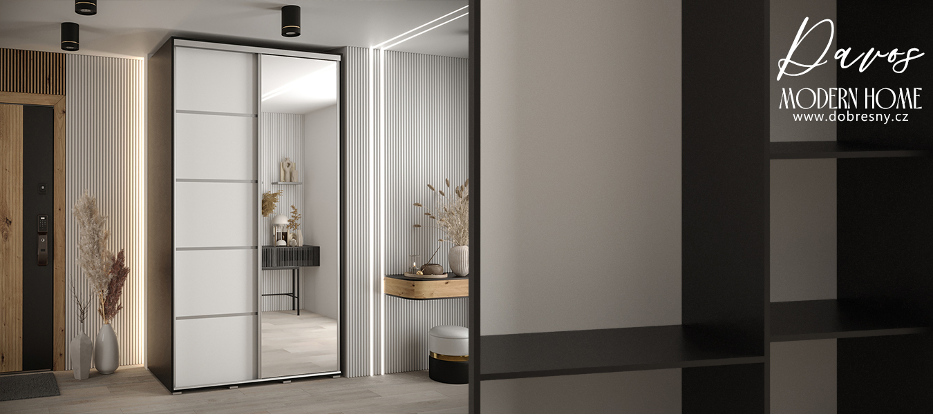 Šatní skříň DAVOS 5 posuvné dvěře a zrcadlo, 140×235×45, Černá / bílá / stříbrné pojezdy