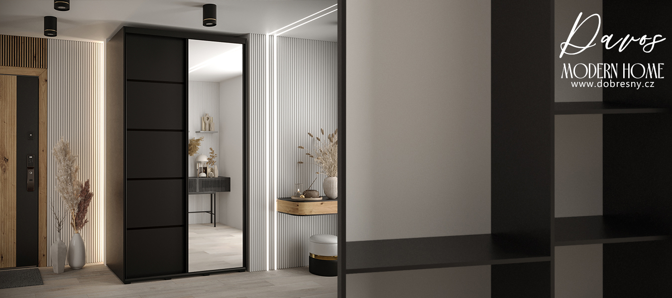 Šatní skříň DAVOS 5 posuvné dvěře a zrcadlo, 140×235×45, Černá / černé pojezdy