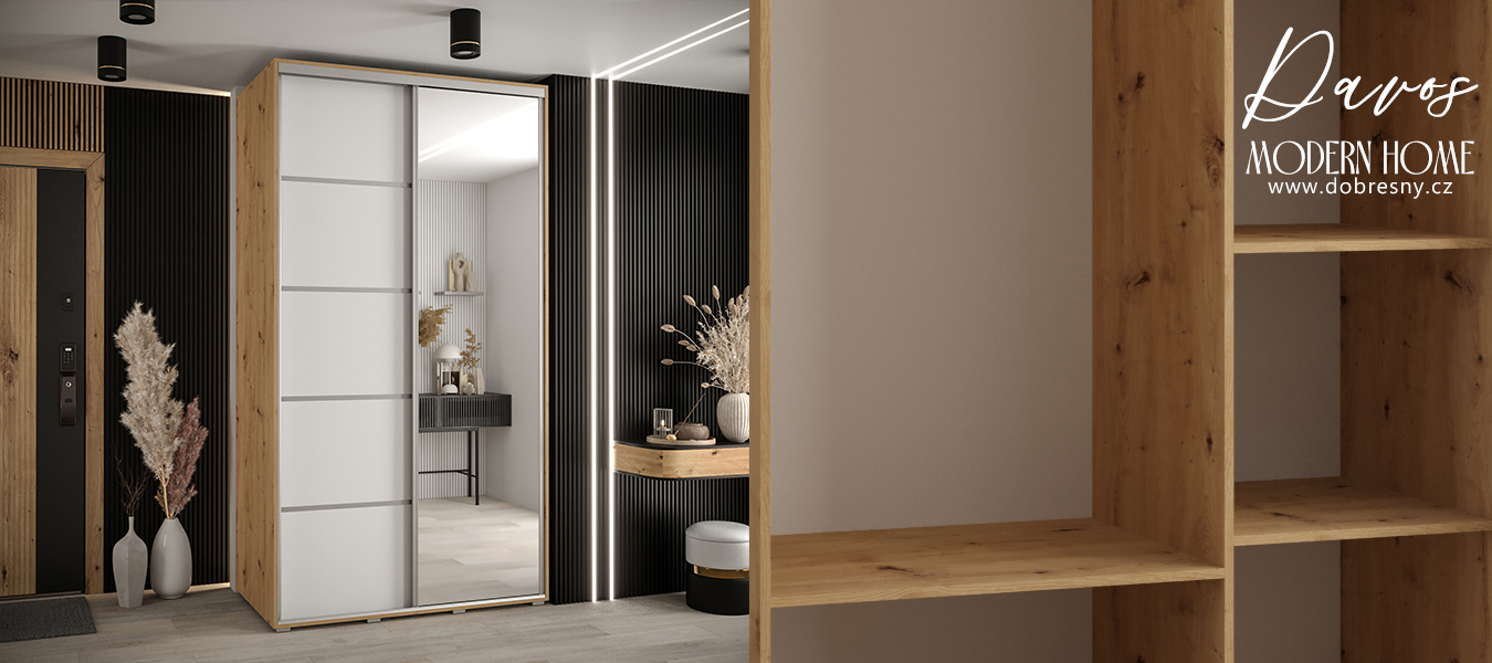 Šatní skříň DAVOS 5 posuvné dvěře a zrcadlo, 140×235×45, DUB Artisan / bílá / stříbrné