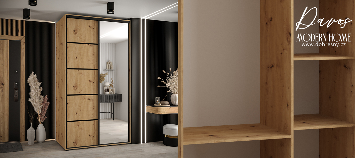 Šatní skříň DAVOS 5 posuvné dvěře a zrcadlo, 140×235×45, DUB Artisan / černé pojezdy