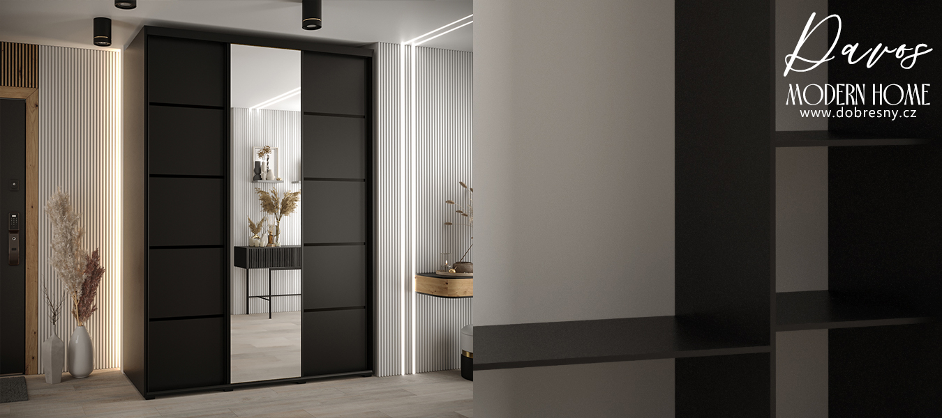 Šatní skříň DAVOS 5 posuvné dvěře a zrcadlo, 170×235×45, Černá / černé pojezdy