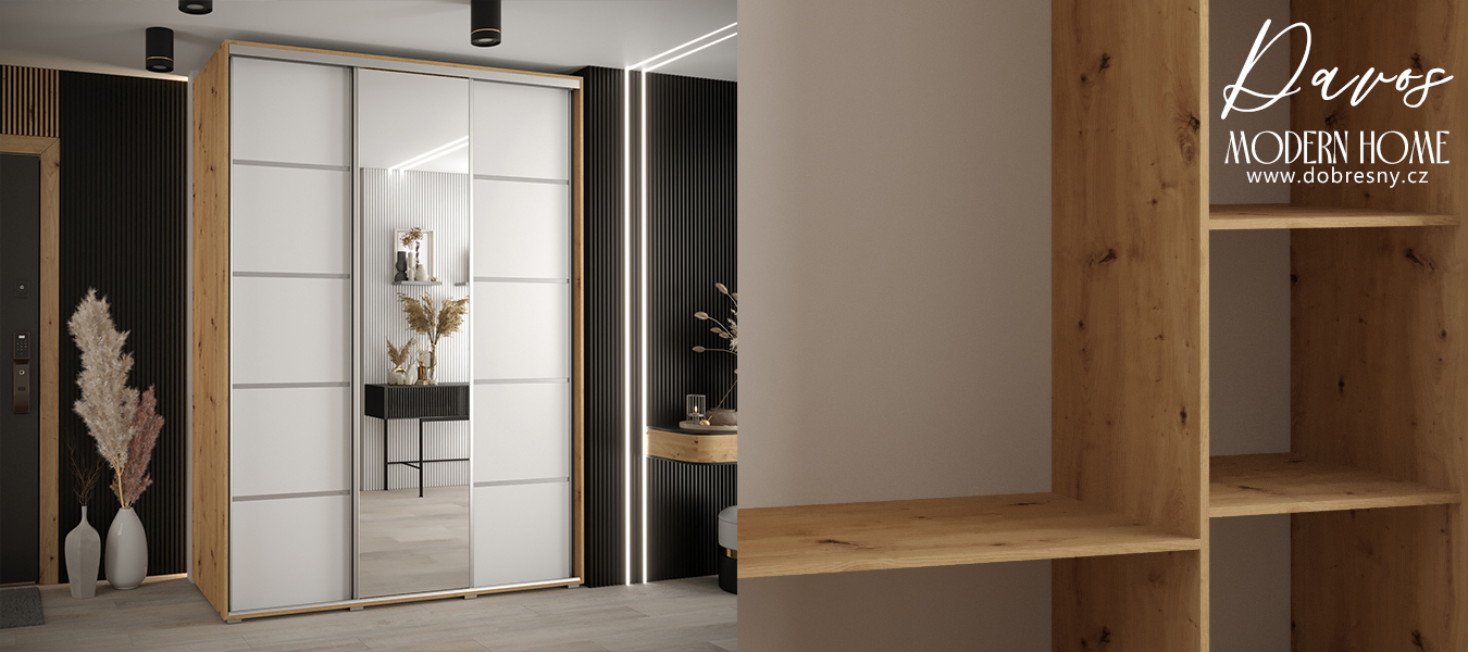 Šatní skříň DAVOS 5 posuvné dvěře a zrcadlo, 170×235×45, DUB Artisan / bílá / stříbrné